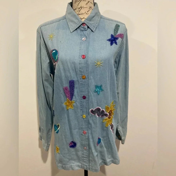 Quacker Factory Vintage Womens Blue Beaded Sequin Denim Button Up Shirt Medium - Picture 9 of 9
